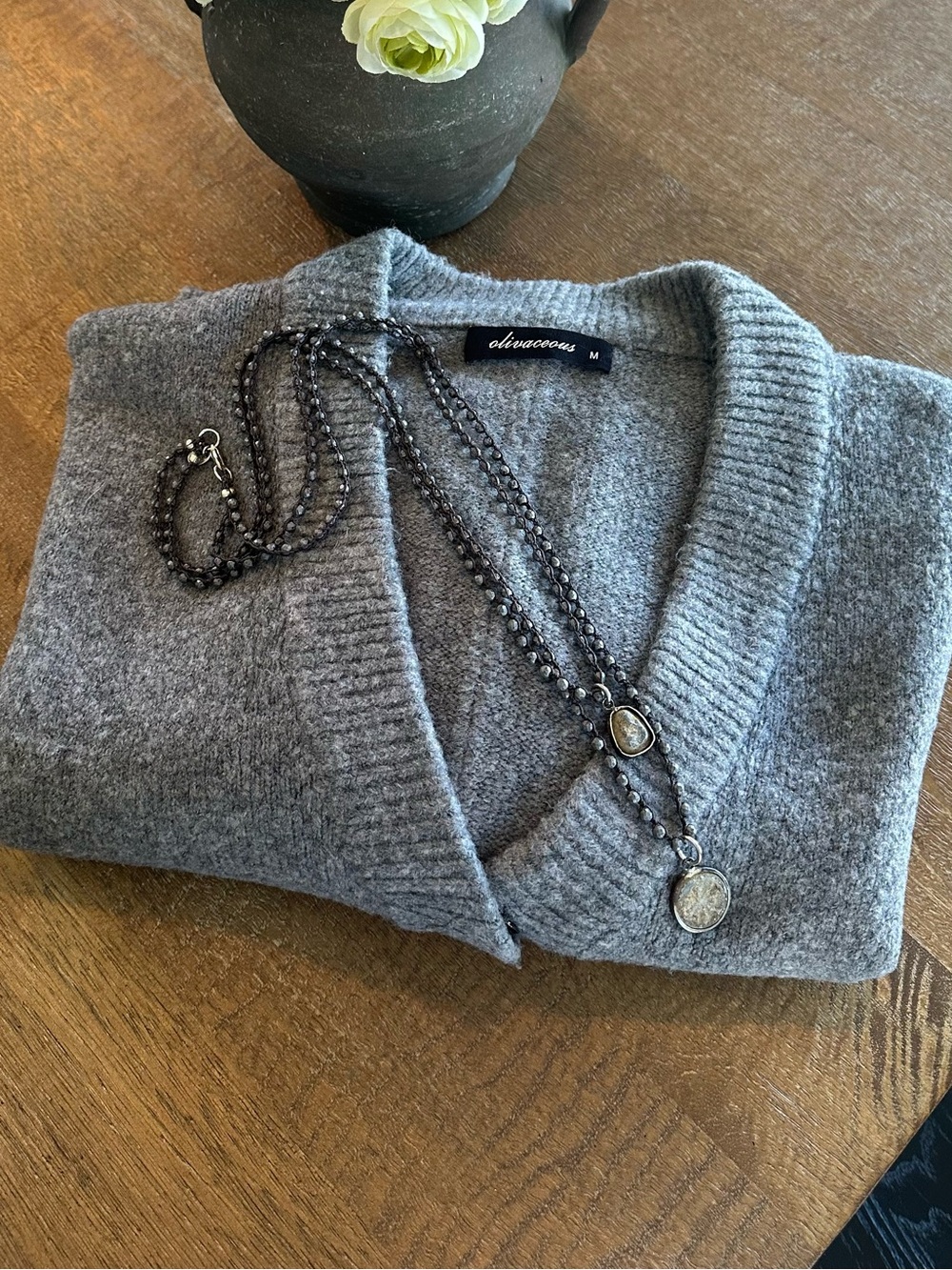 Olivaceous Mid-Gray Textured Back-Seam Knit cardigan Sweater with necklace